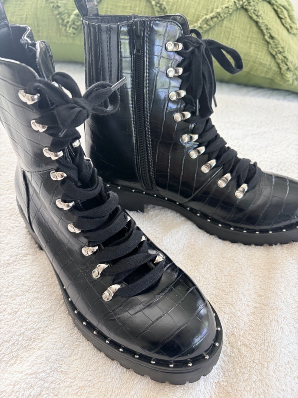 DOLCE VITA Black Croc-Embossed Lace-Up Combat Boots